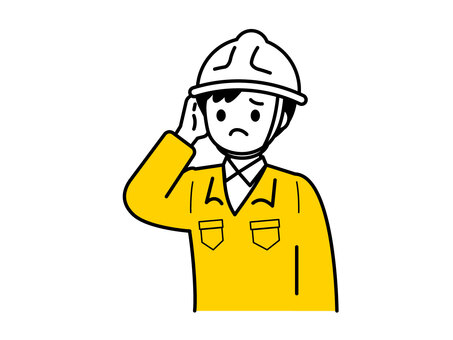 困り顔で頭をかく作業着の男性03 人物,男性,困惑,不安,疑問,確認,作業,作業着,作業員,ヘルメットのイラスト素材