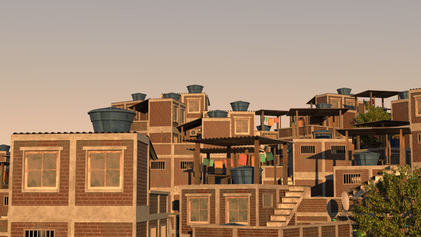 夕方の坂の上の暮らし 街,路地,屋根,階段,斜面,建物,窓,壁,洗濯物,空のイラスト素材