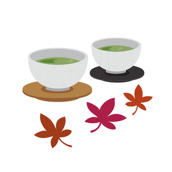 ペアの緑茶ともみじの葉のイラスト 緑茶,茶托,ペア,もみじ,飲み物,メニュー素材,カットイラスト,秋のイラスト素材