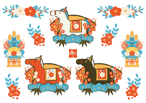 zodiac26109 馬,午年,扇,梅,松,年賀状,花,和風,かわいい,アイコンのイラスト素材