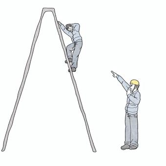 ヘルメットをせず高所作業する作業員を注意 作業員,注意喚起,安全対策,ヘルメット,脚立,転落注意のイラスト素材