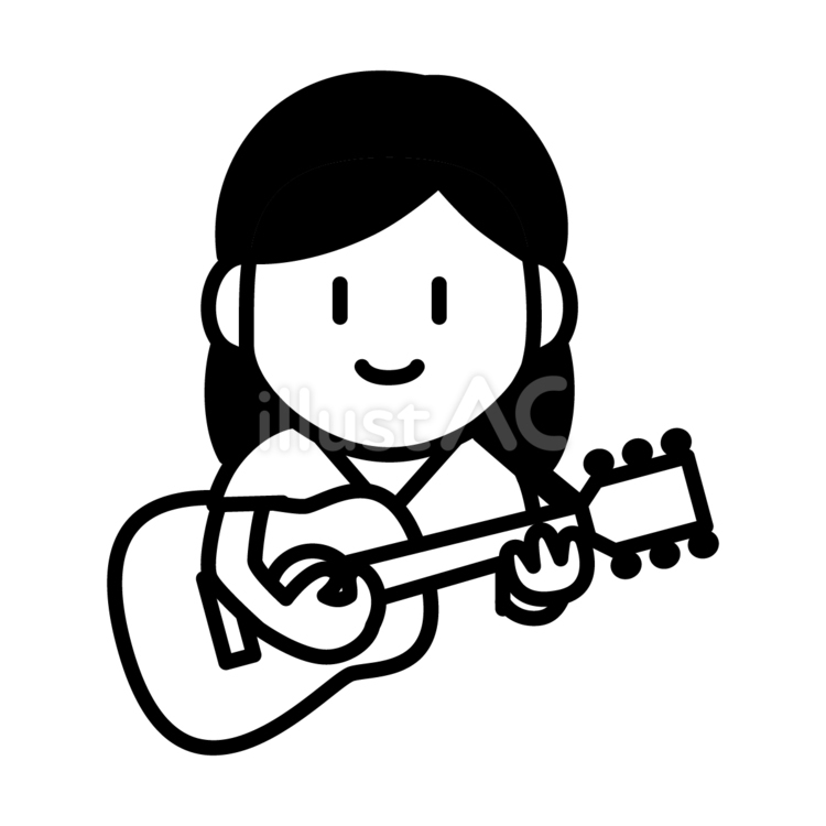 女性ギター演奏線画 女性,ギター,笑顔のイラスト素材