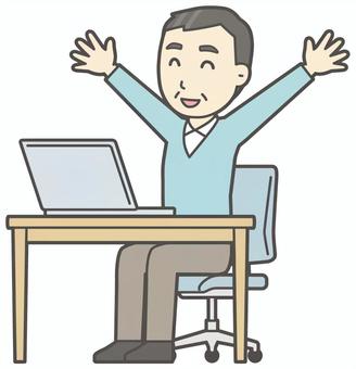  ニット中年男性-540-全身 パソコン,万歳,おじさん,男性,中年,お父さん,パパ,シニア,ミドルエイジ,人物のイラスト素材