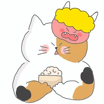 節分 かわいい,節分,鬼,ねこ,三毛猫,動物,いきもの,お面,豆,豆まきのイラスト素材