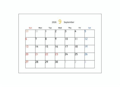 カレンダー　9月　2026 カレンダー,9月,september,2026年,令和8年,月間カレンダー,卓上カレンダー,シンプル,曜日,日付のイラスト素材
