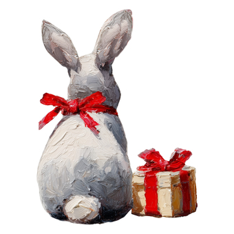 クリスマスプレゼントとウサギの後ろ姿 クリスマス,後ろ姿,背中,厚塗り,油絵風,手描き,プレゼント,かわいい,動物,ほっこりのイラスト素材