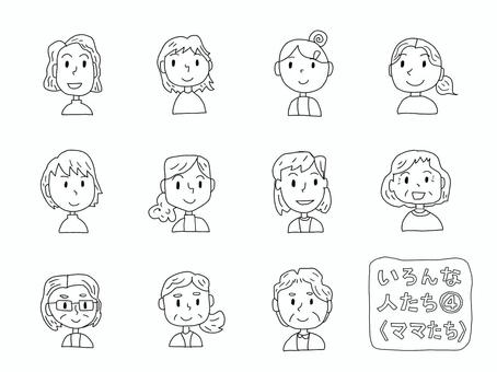 いろんな人たち　④　白黒 人物,アイコン,ママ,お母さん,おばさん,女性,手書き,線画,フリーハンド,白黒のイラスト素材