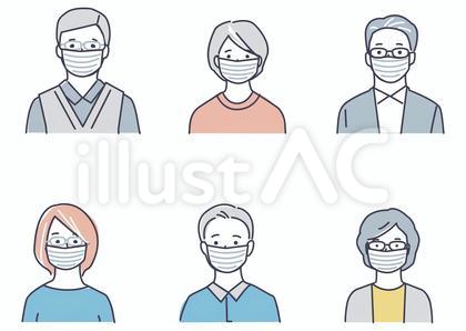 人物男女中高年6人マスク1