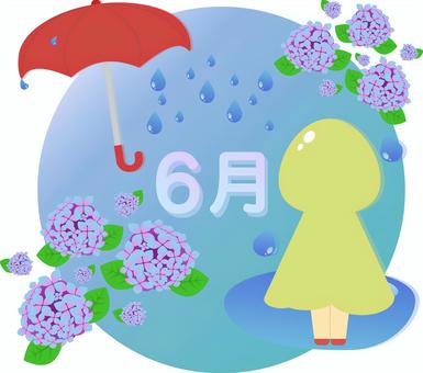 ６月　見出しプレート ６月,見出し,プレート,紫陽花,かっぱ,傘,雨,雨具,水たまり,後ろ姿のイラスト素材