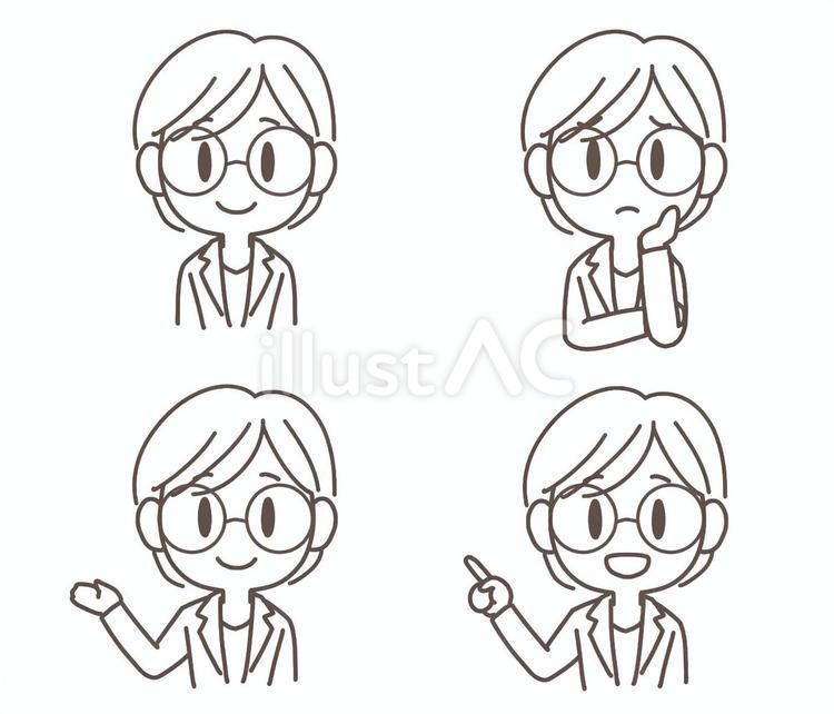 眼鏡女性　線画　ポーズ 医師,医者,ドクターのイラスト素材