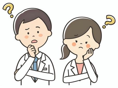 考える白衣の男女 考える白衣の男女 考える,悩む,困る,不安,わからない,はてな,迷う,疑問,質問,医者のイラスト素材