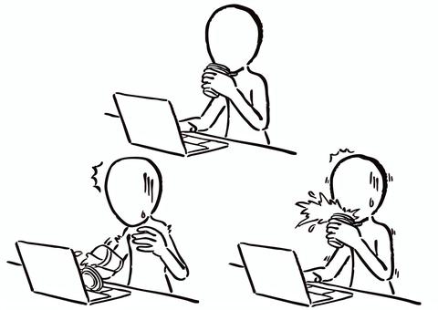 飲みながらPCをする人3種②　墨筆 パソコン,ノートパソコン,仕事,ビジネス,座る,デスクワーク,コーヒー,ブレイク,気分転換,飲み物のイラスト素材