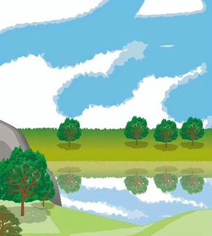 湖 湖,川,水面,映る,樹木,芝生,自然,空,風景のイラスト素材