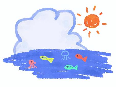 子どもの絵日記おえかき風海と太陽と魚 海,魚,雲,入道雲,積乱雲,風景,太陽,夏,海開き,バカンスのイラスト素材