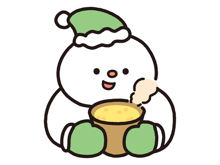 あったかスープを飲む緑雪だるま 雪だるま,ホットドリンク,スープ,コーンスープ,飲み物,緑,温かい,冬,湯気,冬休みのイラスト素材