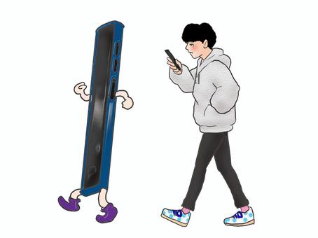 目の前でも、気づかないのね 人物,大学生,男性,歩きスマホ,スマホ,パーカー,全身,手書きのイラスト素材