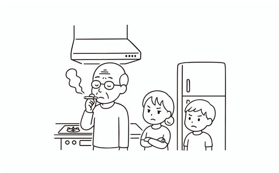 換気扇の下でタバコを吸うおじいちゃん 人物,タバコ,男性,おじいちゃん,孫,子供,男の子,女の子,換気扇,台所のイラスト素材