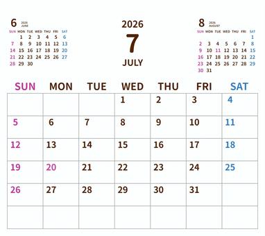 2026年シンプルカレンダー7月／卓上 2026年カレンダー,カレンダー,2026,令和8年,月間カレンダー,シンプル,透過,オリジナル,自作,かわいいのイラスト素材