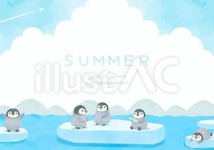 かわいい子ペンギンたちと海の風景イラスト