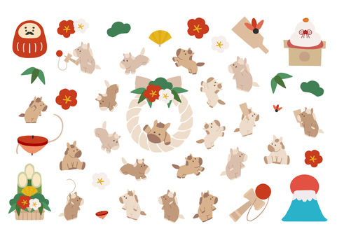 A4:午年お正月モチーフとお馬さんセット 午年,馬,動物,干支,鏡餅,しめ縄,門松,富士山,朝日,扇のイラスト素材