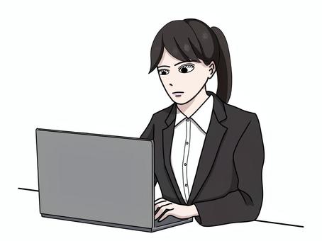 ノートパソコンで仕事するスーツ姿の女性 ノートパソコン,pc,仕事,スーツ,女性,キャリアウーマン,ビジネス,会社員,社会人,ビジネスウーマンのイラスト素材