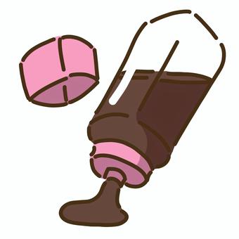 桃色の蓋と中身を出しているソース８ ソース,調味料,焦げ茶,食べ物,茶,桃色,ピンク,四角,半分のイラスト素材