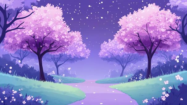 夜の桜並木の道と星空1