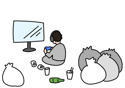 ゴミだらけの部屋でゲームする男性　カラー ゴミ,部屋,汚い,ゲーム,引きこもり,カラーのイラスト素材