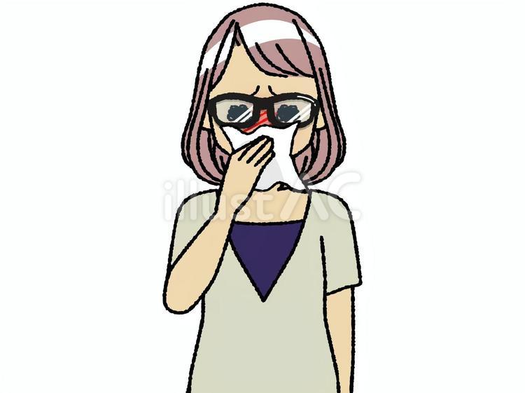 ティッシュで鼻を押さえる花粉眼鏡の女性１ 女性,手描き,可愛いのイラスト素材