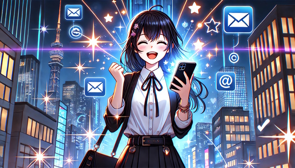 メールで朗報が届き嬉しそうな笑顔の女性