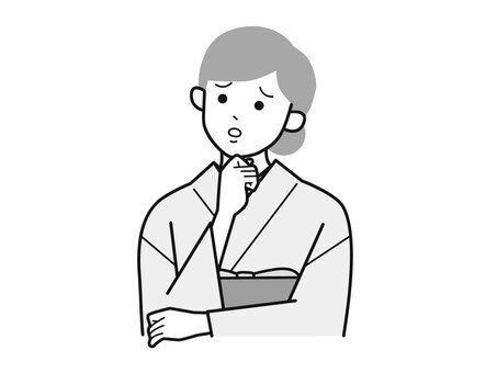 顎に手を当て首傾げる着物女性A左向／白黒 首,傾げる,不満,女性,お母さん,着物,講師,20代,30代,40代のイラスト素材