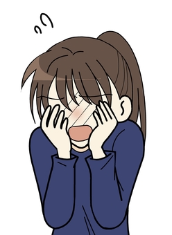 照れてる女性 照れてる女性 人物,照れる,恥ずかしい,赤面,困惑,焦る,慌てる,テンパる,冷や汗,茶髪のイラスト素材