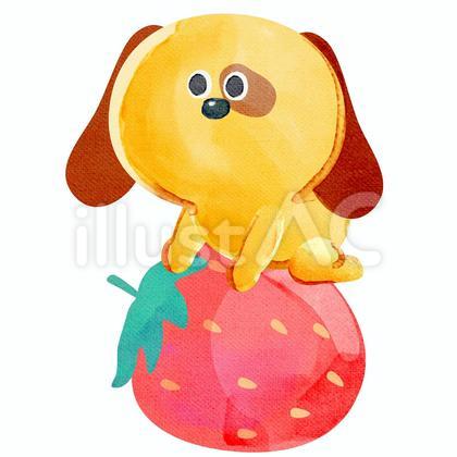 水彩画_イチゴに乗る犬_01