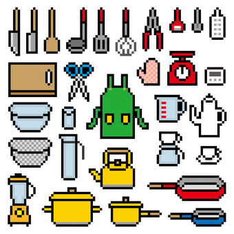 キッチン道具　ドット絵 包丁,へら,おたま,フライ返し,泡立て器,トング,ピーラー,計量スプーン,おろし器,まな板のイラスト素材