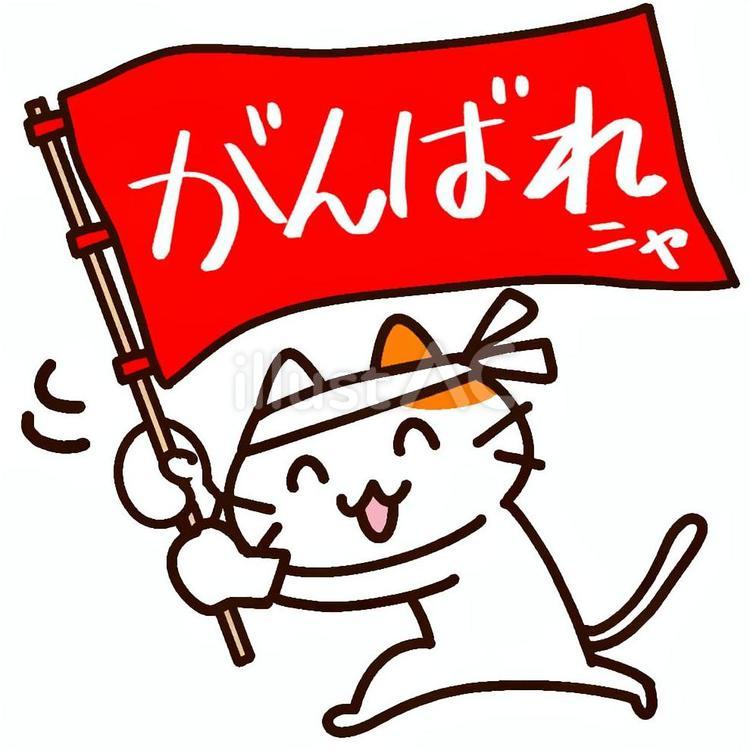 がんばれの旗を持って応援する猫　三毛１ ネコ,三毛猫,がんばれのイラスト素材