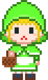 ドット絵の緑ずきんの女の子です。 ドット絵,赤ずきん,シンプル,童話,森,バスケット,花,道,ワンピース,フードのイラスト素材