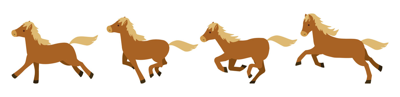 干支の午・4頭セット_年賀素材8 馬,動物,生物,競馬,たてがみ,サラブレッド,全身,ポーズ,横向き,茶色のイラスト素材