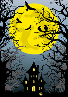 ホラーな背景-6（A4縦） ハロウィン,秋,背景,10月,洋館,ホラーハウス,テラーハウス,お墓,墓地,柵のイラスト素材