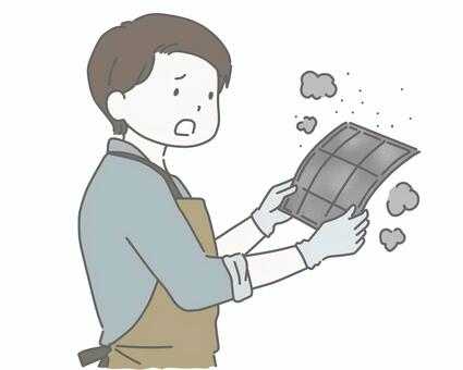 エアコンフィルター掃除で驚く主夫 男性,主夫,夫,家事,掃除,大掃除,エアコン,フィルター,汚い,汚れのイラスト素材