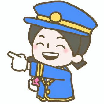 車掌さんの格好をして指をさす子ども こども,子ども,車掌,駅長,指さし,合図,帽子,制服,手袋,笛のイラスト素材