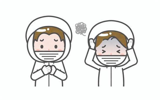 ミニ_2人_衛生服の男女06 男性,女性,大人,職業,仕事,衛生服,防護服,清掃員,工場,病院のイラスト素材