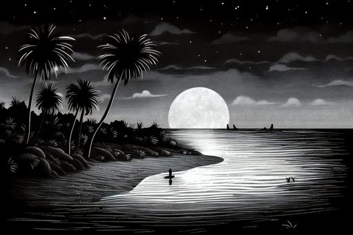 Illustration, moonlight, coastal, wave, 