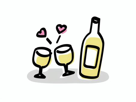 白ワインで乾杯_色ズレゆるい絵 白ワインで乾杯_色ズレゆるい絵 白ワイン,グラス,ボトル,ワイン,白,乾杯,ふたり,ハート,手書き,手描きのイラスト素材