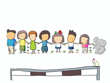 みんなで乗り越える　おかっぱ ハードル,障害,家族,仲間,友達,動物,植物,一緒に,乗り越えるのイラスト素材