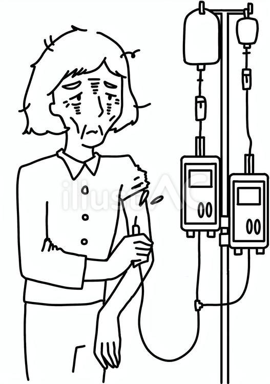点滴自己抜去痩せたおばあさん　線画 点滴,自己抜去,拒否のイラスト素材