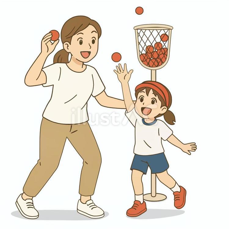 運動会で玉入れをする母と娘 背景なし 玉入れ,運動会,赤組のイラスト素材