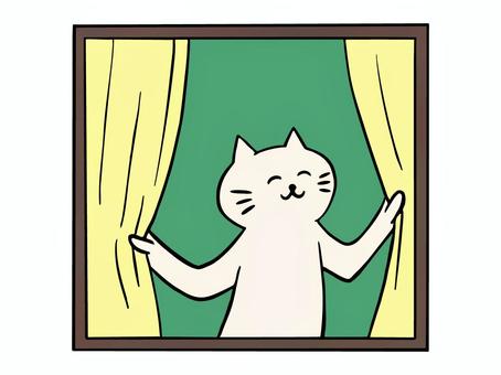 カーテンを開ける猫（カラー） カーテン,モーニングルーティーン,朝,窓,日差し,日光浴,笑顔,猫,セット,暮らしのイラスト素材
