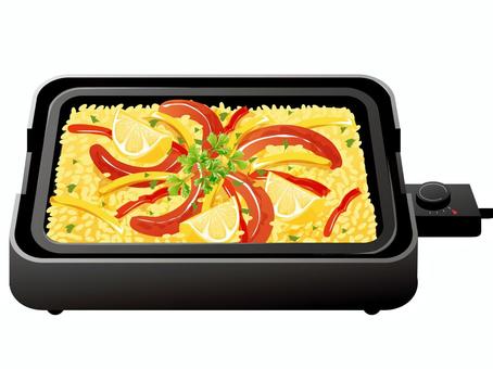 ウィンナーパエリア（ホットプレート） パエリア,洋食,スペイン,料理,食べ物,ご飯,米,ウィンナー,パプリカ,レモンのイラスト素材