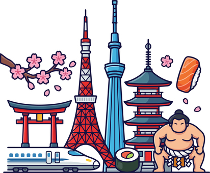 日本のイメージ 日本,スカイツリー,東京タワー,相撲,力士,寿司,鳥居,新幹線,桜,イラストのイラスト素材