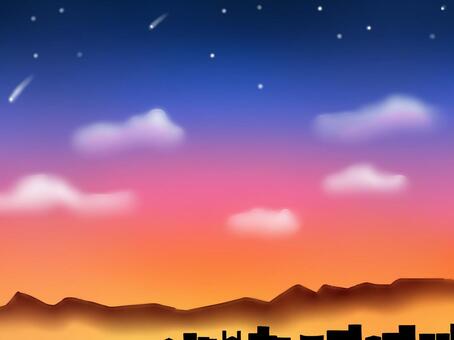 神秘的な夕焼けから夜の景色 景色,夕焼け,夜,街並み,綺麗,神秘的,壁紙,背景,シルエット,手描きのイラスト素材